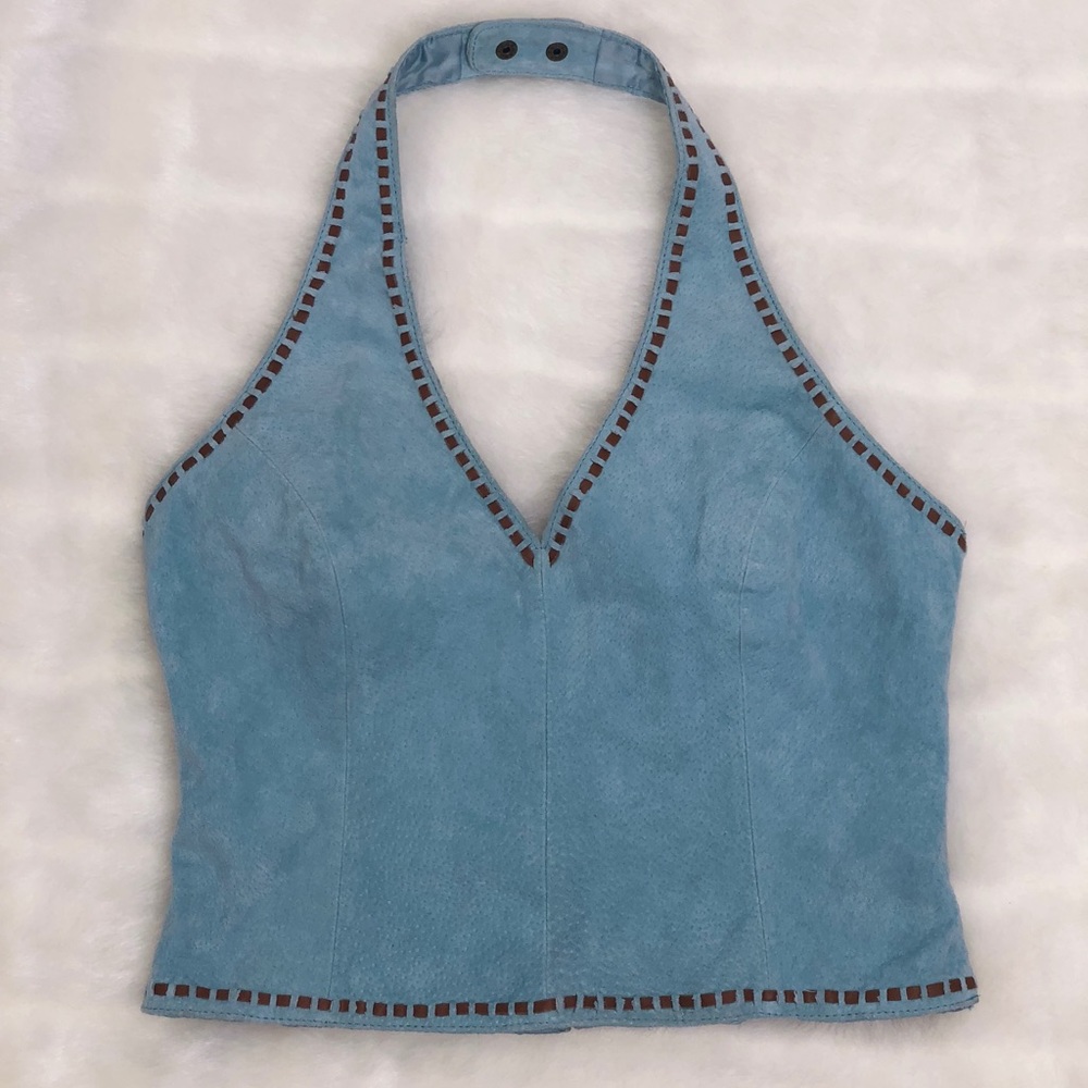 Blue Leather Halter Crop Top